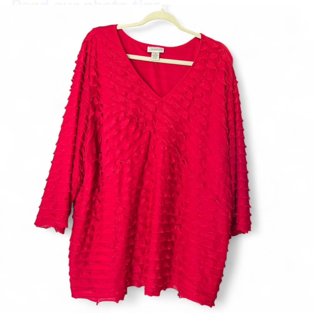 Catherines Shirt Womens 3x Red Ruffle Sparkle V Neck 3/4 Sleeve Flowy